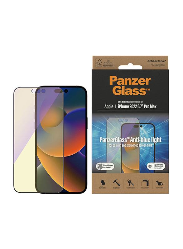 Panzerglass Apple iPhone 14 Pro Max 2022 Anti-Blue light Screen Protector, Black/Clear