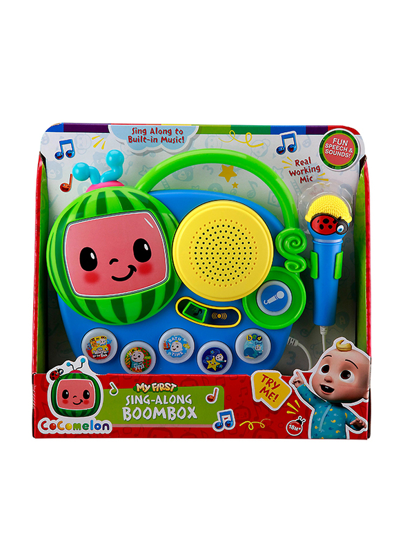 KIDdesigns CoCoMelon My First Sing Along Boombox with Built in Music LED Flashing Light and Speaker, 3+ Years, Blue/Green