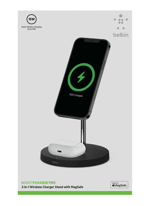 Belkin Boost Charge Pro 2-in-1 Wireless Charger Stand with MagSafe, 15W, Black