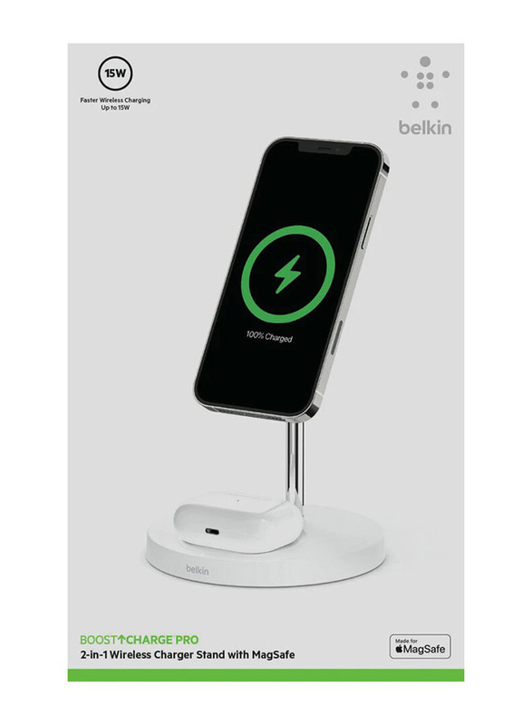 Belkin Boost Charge Pro 2-in-1 Wireless Charger Stand with MagSafe, 15W, White