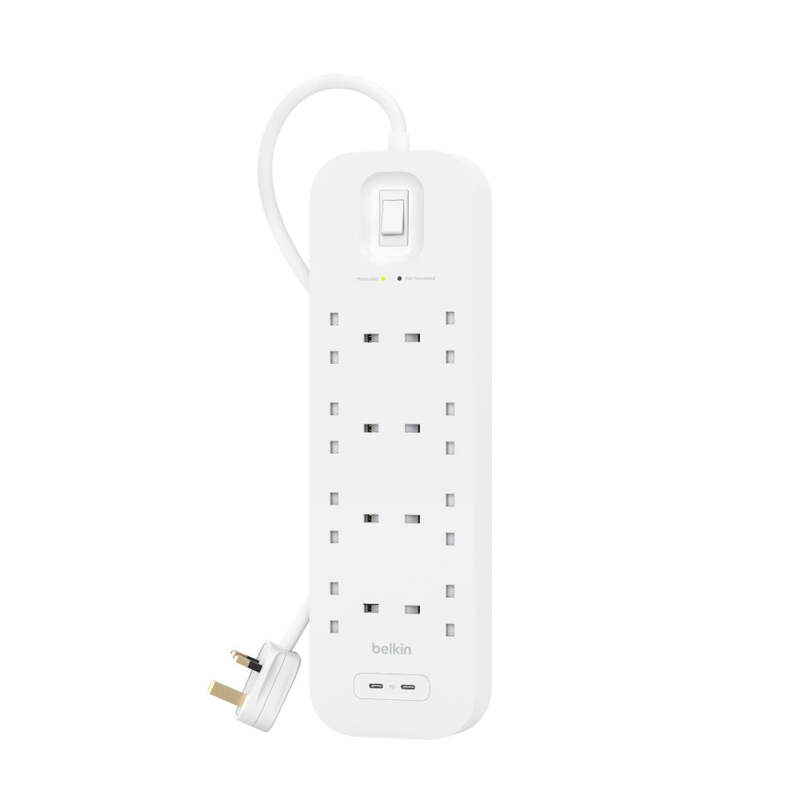 Belkin 8-Outlet Surge Protector w/ Dual USB-C Ports 30W 2meters Cable Length, 900 Joules Protection, PD Fast Charge, Heavy Duty Chord, w/ Switch & LED Indicator,  - UK 3-Pin