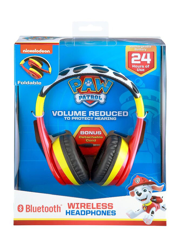 KidDesigns Paw Patrol Kid Safe Wireless Bluetooth Headphone for Kids, Black/Red/Yellow