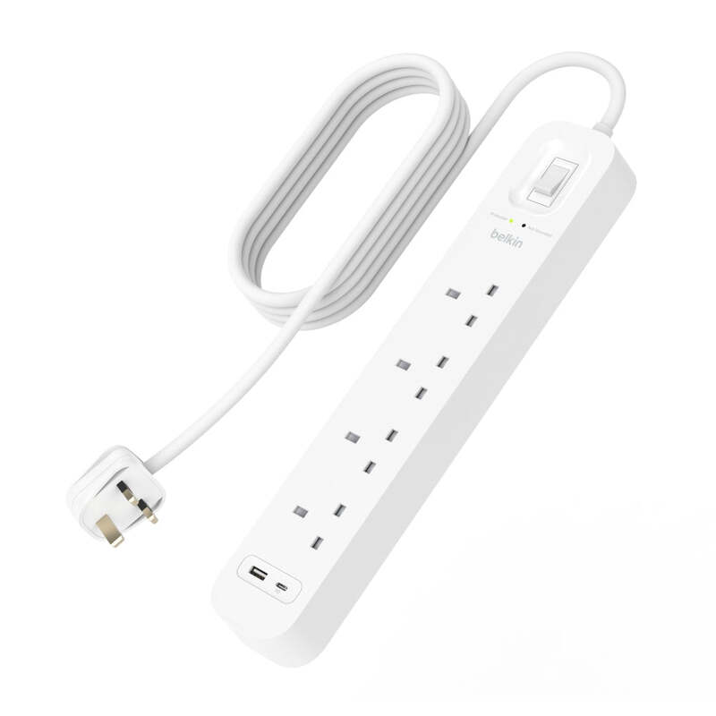 Belkin 4-Outlet Surge Protector w/ Charging Ports 18W 2meters Cable Length, 525 Joules Protection, PD Fast Charge 1x USB/C 1x USB-A, Heavy Duty Chord, w/ Switch & LED Indicator,  - UK 3-Pin