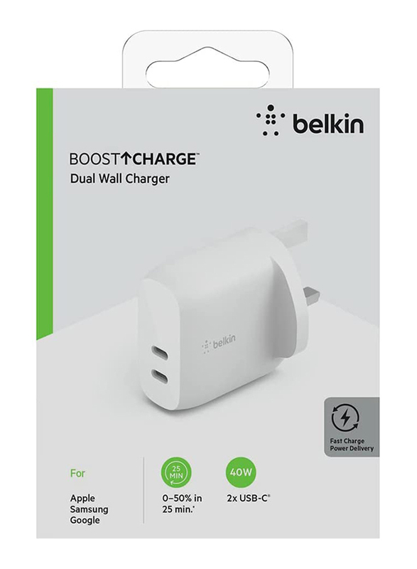 Belkin Boost Charge Dual USB-C Wall Charger, 40W, White