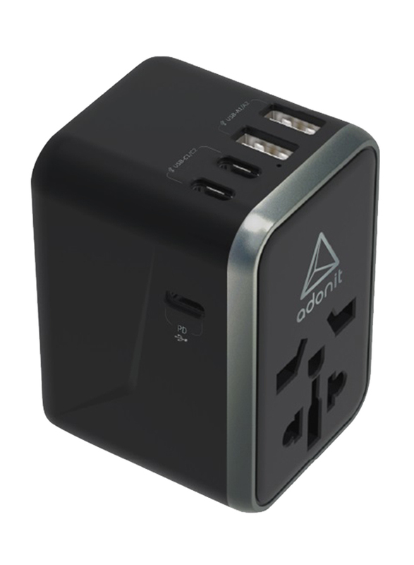 Adonit EU/UK/USA/AUS International Plug Travel Wall Charger, 3 x USB Type C, 2 x USB Type A, Black