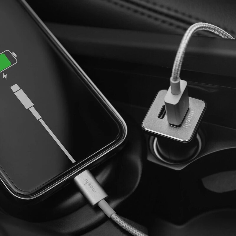 Moshi QuikDuo Car Charger, with Lightning to USB Type C and USB Type A Port, Black