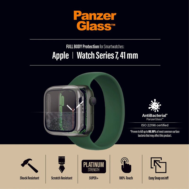 Panzerglass Full Body Coverage Anti Microbial Surface Protection Screen Protector for Apple Watch Series 7 41mm, Clear