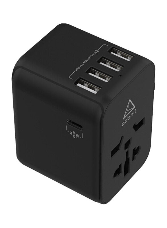 

Adonit PD-4A1C US/AU/UK/EU International Plug Travel Adapter, 10A Smart High Speed, 1 x USB Type C, 4 x USB Type A, 5 USB Ports, Black