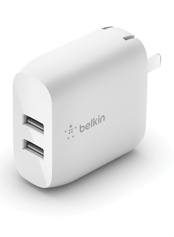 Belkin BoostCharge Dual USB-A UK Wall Charger, 2x 12W USB-A Ports, White