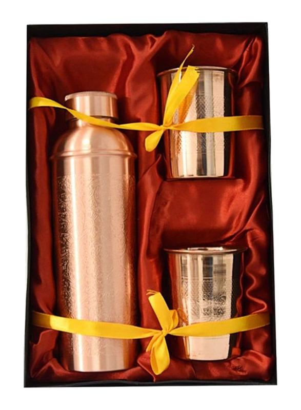 Divine 800ml 3-Piece Copper Embossed Bottle and Glasses Set, Brown/Red