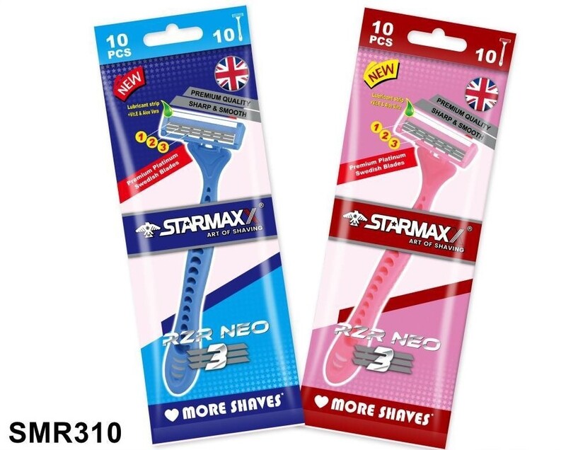 STARMAXX DISPOSABLE TRIPLE RAZOR PINK & BLUE WITH LUBRICANT STRIP POUCH 10 PCS EACH (10+10) SMR310