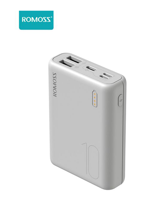 Romoss 10000mAh Simple10 Fast Charging Compact Bundle Pack Power Bank, with Micro USB/USB Type-C/Lighting Input, 2 Pieces, White