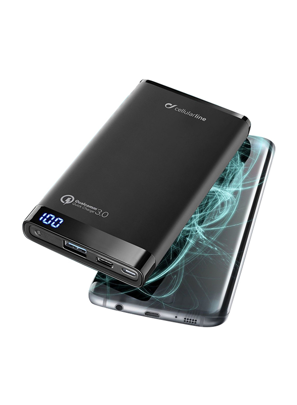 Cellularline 8000mAh FreePower Manta Pro Quick Charge 3.0 Fast Charging Power Bank, with Micro USB and USB Type-C Input, Black