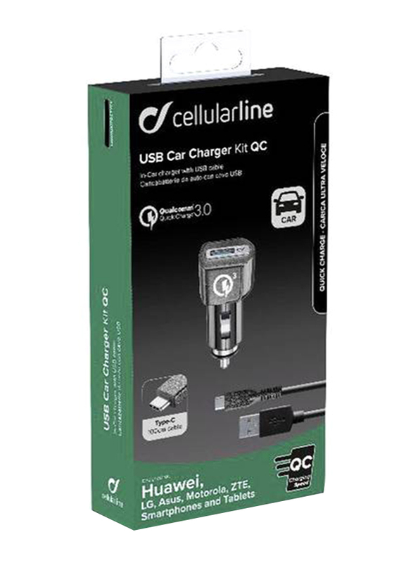 Cellularline 18W Car Charger, USB Type-C and USB Type-A Cable Power Delivery, QC Huawei Charging Kit, CBRHUKITQCTYCK, Black