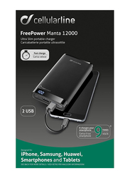 Cellularline 12000MAh FreePower Manta Fast Charging Power Bank, with Micro USB Input, with Micro USB Cable, Black
