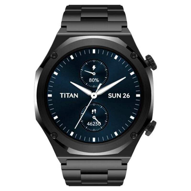 

TITAN Maestro Smart Watch 1.43"AMOLED Round Display, Stainless Steel, Customisable UI, Smart AOD, Password, Extra Silicone Strap, Black/Black