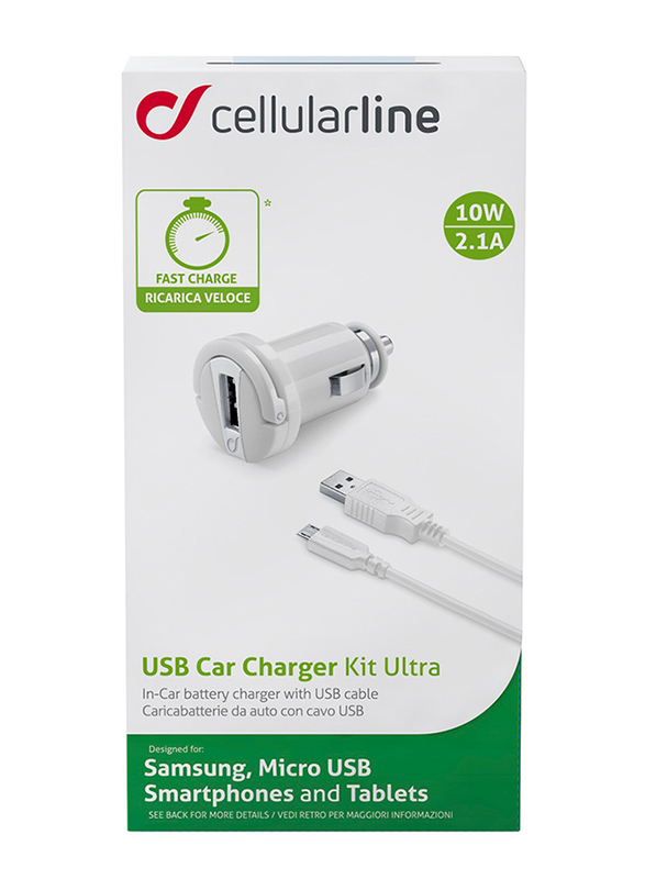 Cellularline 10W Fast Car Charger, 2.1 Adapter + Micro USB Cable Power Delivery Charging Kit Ultra, CBRUSBMUSB2AW, White