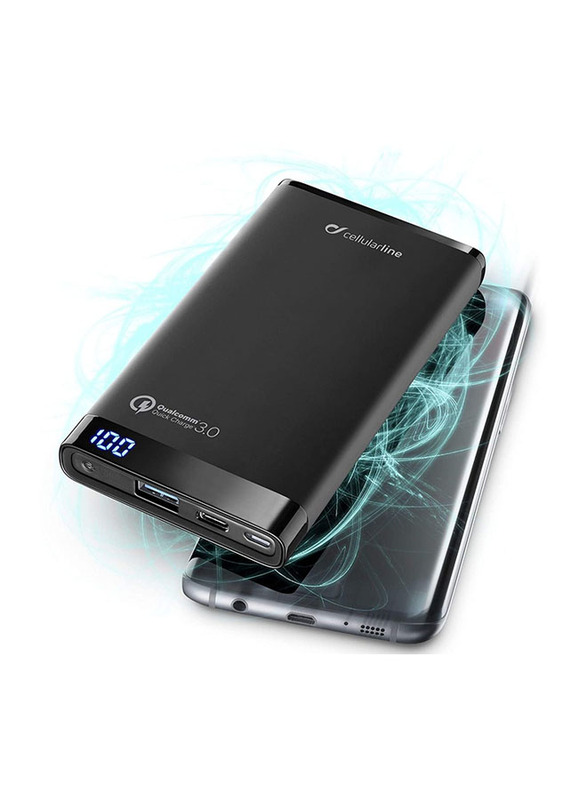 Cellularline 12000mAh FreePower Manta Pro Quick Charge 3.0 Fast Charging Power Bank, with Micro USB and USB Type-C Input, Black