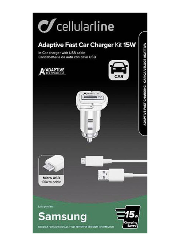 Cellularline 15W Fast Car Charger, Micro USB 2.0 Cable Power Delivery Charging Kit, CBRSMKIT15WMUSBW, White