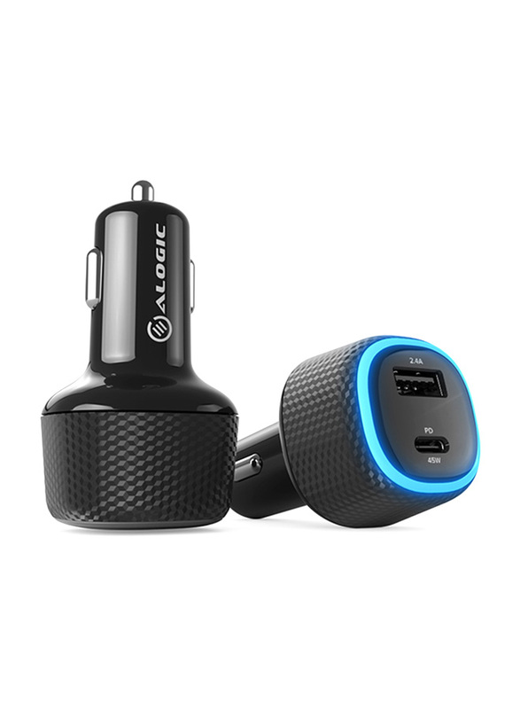 Alogic Rapid Laptop & Phone 45W Car Charger, USB Type-C Power Delivery and USB A 2 USB Adapter, CRCA57, Black