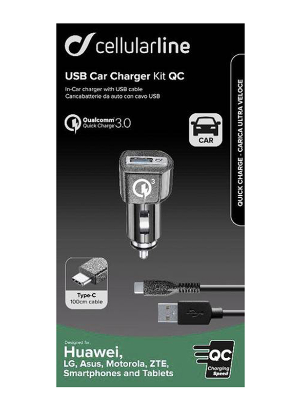 Cellularline 18W Car Charger, USB Type-C and USB Type-A Cable Power Delivery, QC Huawei Charging Kit, CBRHUKITQCTYCK, Black