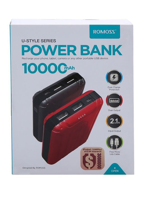 Romoss 10000mAh Ustyle 3A Fast Charge Power Bank, with Micro USB Input, with Micro USB Cable, Red/Grey