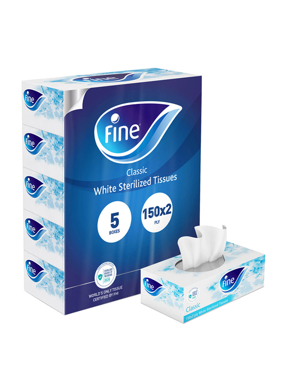 Fine 2-Ply Classic White Sterilized Facial Tissues, 5 x 150 Sheets
