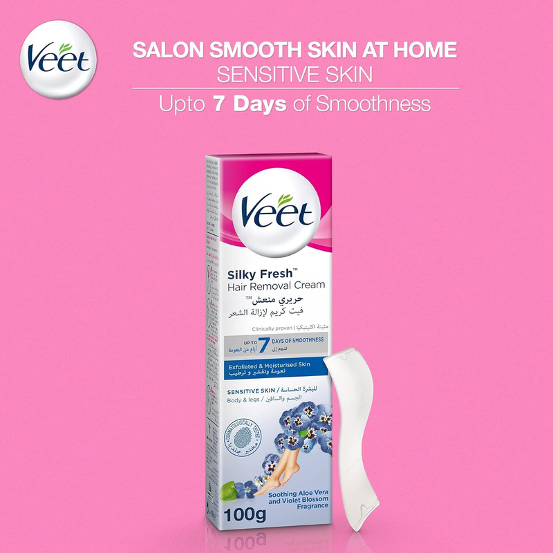 Veet Silky Fresh Violet Blossom Scent with Aloe Vera Hair Removal Cream for Sensitive Skin, 100g
