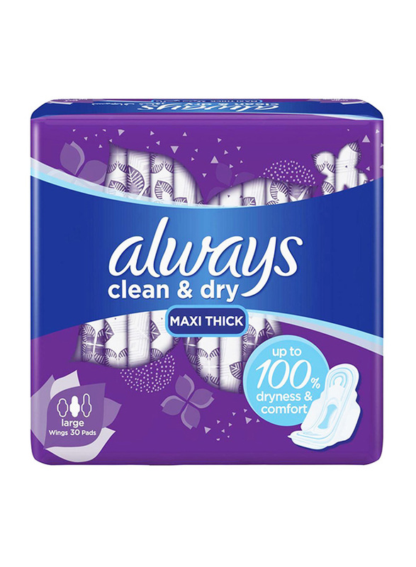 Always Clean and Dry Maxi Thick Sanitary Pads with Wings, Large, 30 Pieces