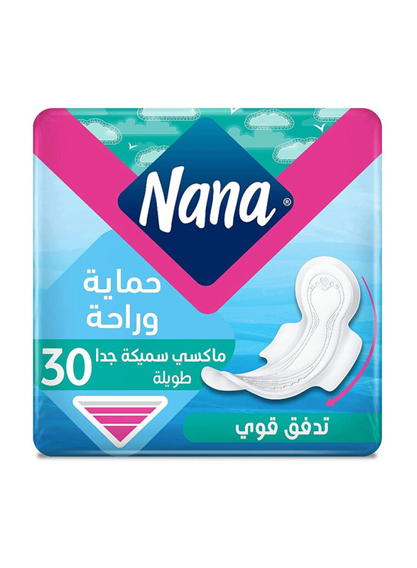 Nana Protection & Comfort Maxi Thick Long Pads with Wings for Heavy Flow, 30 Pieces