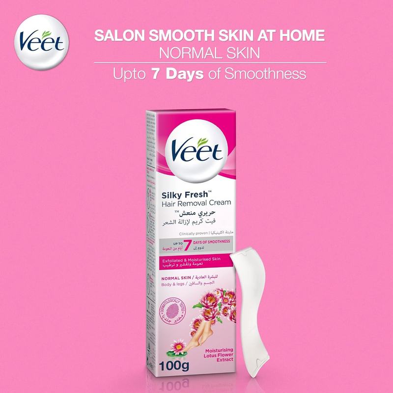 Veet Silky Fresh Lotus Flower Extract Exfoliating & Moisturizing Legs & Body Hair Removal Cream for Normal Skin, 100g