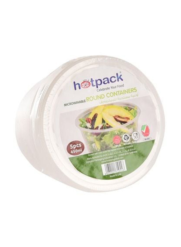 Hotpack Round Microwaveable Plastic Storage Containers with Lid, 450ml, 5 Pieces, White