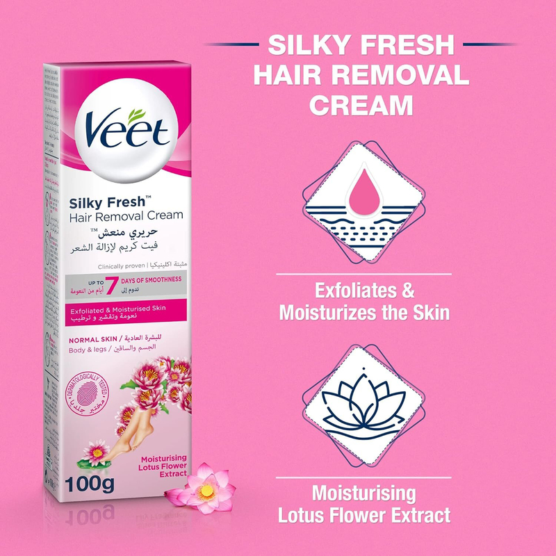 Veet Silky Fresh Lotus Flower Extract Exfoliating & Moisturizing Legs & Body Hair Removal Cream for Normal Skin, 100g