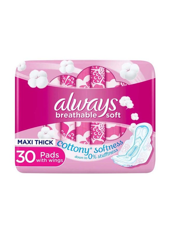 Always Breathable Soft Large Maxi Thick Pads with Wings, 30 Pieces