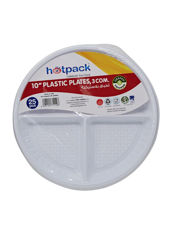 

Hotpack 10-inch 25-Piece 3 Compartment Plastic Round Plate Set, White