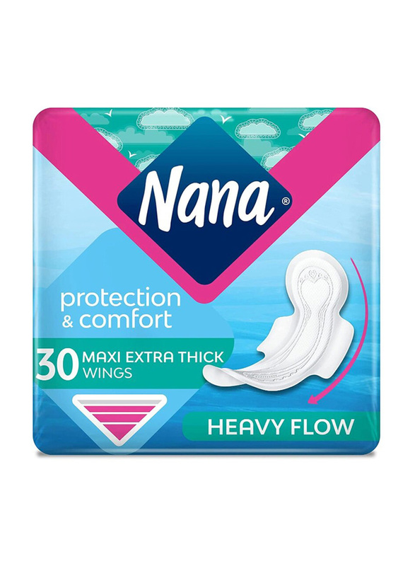 Nana Protection & Comfort Maxi Thick Long Pads with Wings for Heavy Flow, 30 Pieces