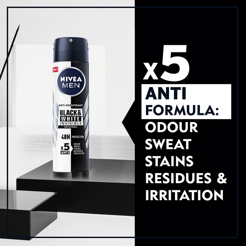 Nivea Men Black & White Invisible 5 in 1 Original 48H Antiperspirant Deodorant Spray, 150ml