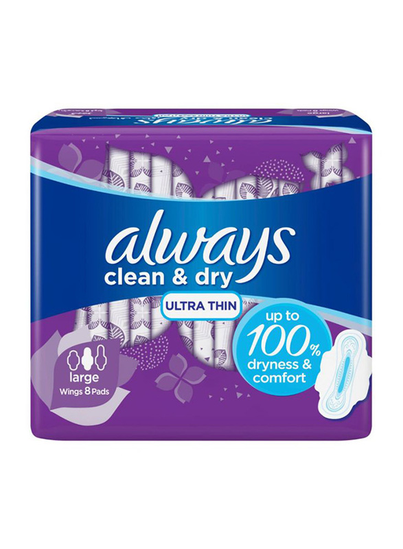 Always Clean & Dry Ultra Thin Pads with Wings, Large, 8 Pieces
