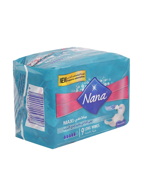 Nana Protection & Comfort Long Maxi Thick Pads with Wings for Heavy Flow, 9 Piece