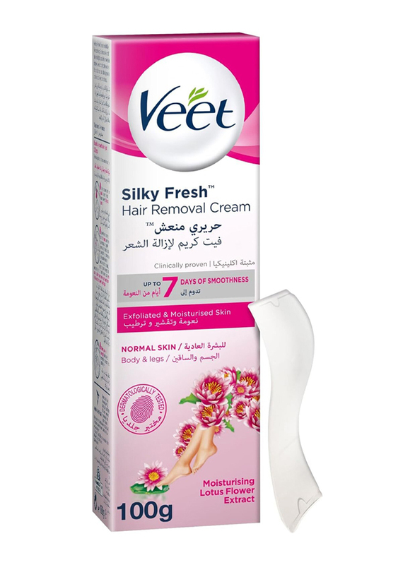 Veet Silky Fresh Lotus Flower Extract Exfoliating & Moisturizing Legs & Body Hair Removal Cream for Normal Skin, 100g