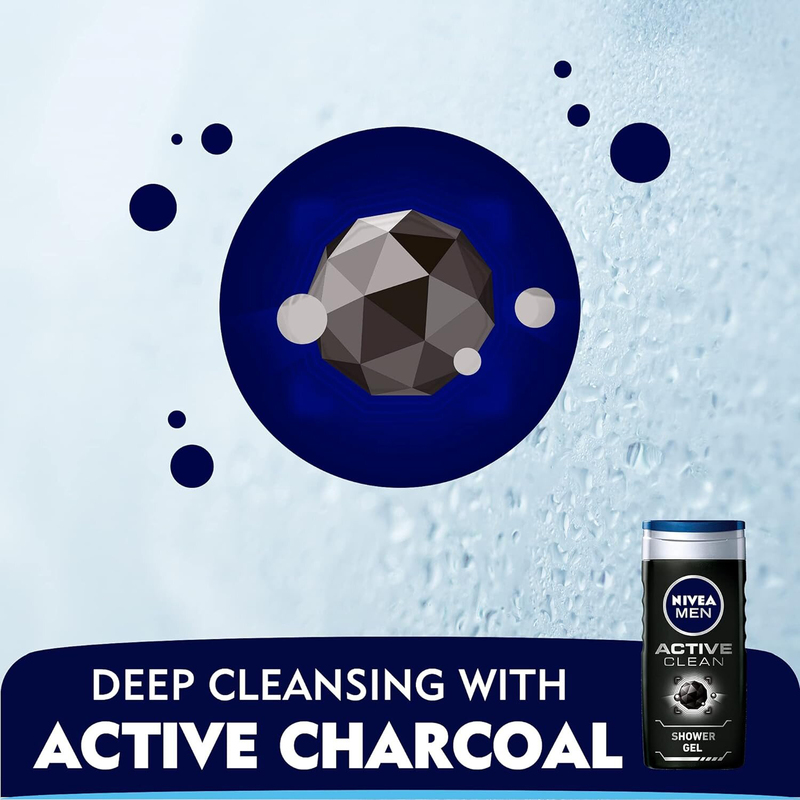 Nivea Men Active Clean Shower Gel with Active Charcoal for Body, Face & Hair, 250ml