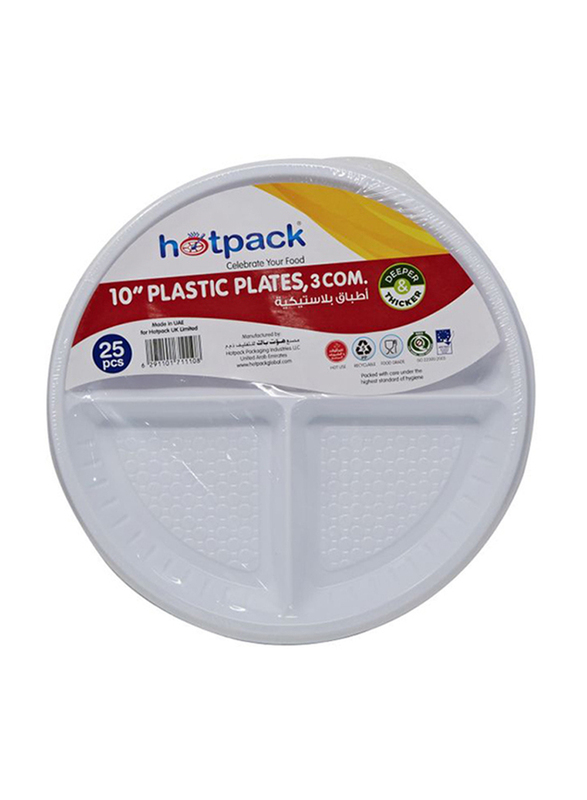Hotpack 10-inch 25-Piece 3 Compartment Plastic Round Plate Set, White