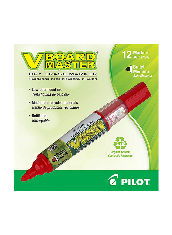 Pilot 12-Piece Begreen V Board Master Whiteboard Markers Set, Red