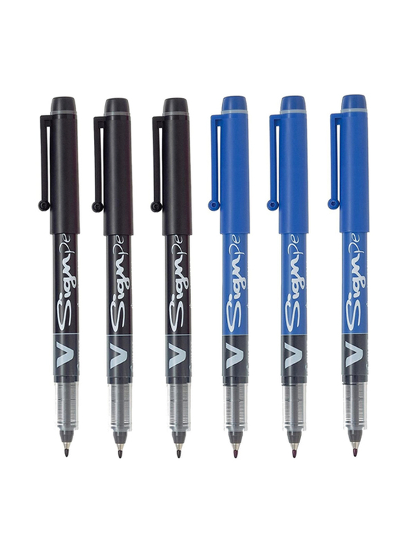 Pilot 6-Piece V Sign Felt Tipped Fineliner Liquid Ink Pen, Black/Blue