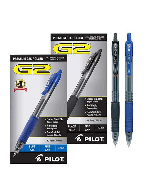 بايلوت مجموعة أقلام حبر جل فاخر G2 قابل للسحب من 24 قطعة، 0.7 مم، أسود/ أزرق