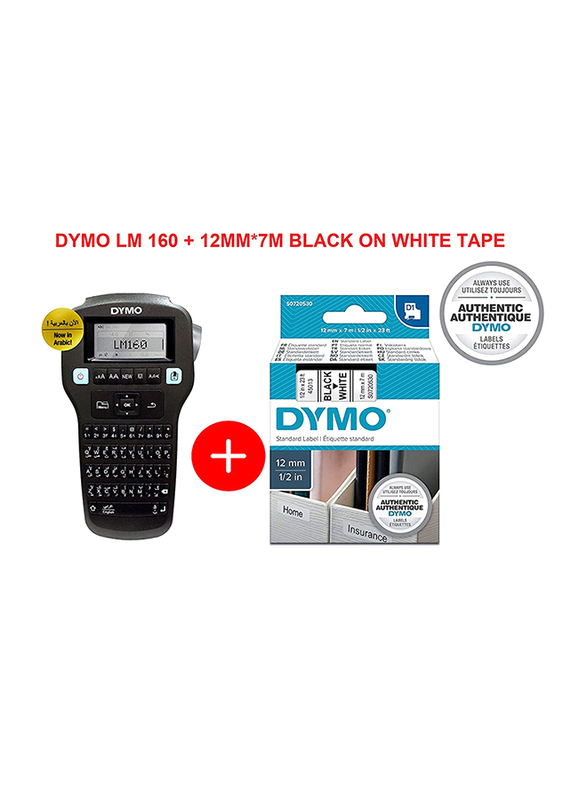 Dymo Label Maker for Home & Office with Eng/Ara Keyboard Plus, 12mm x 7Meter Tape, Black/White