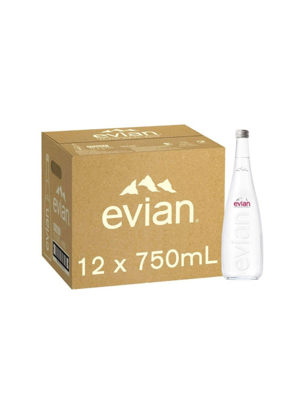 Evian Natural Mineral Water, 12 Glass Bottles x 750ml