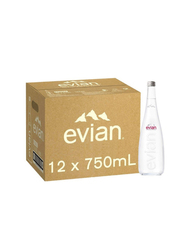 Evian Natural Mineral Water, 12 Glass Bottles x 750ml
