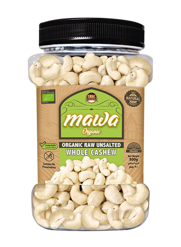 Mawa Organic Raw Unsalted Whole Cashew Plastic Jar, 500g