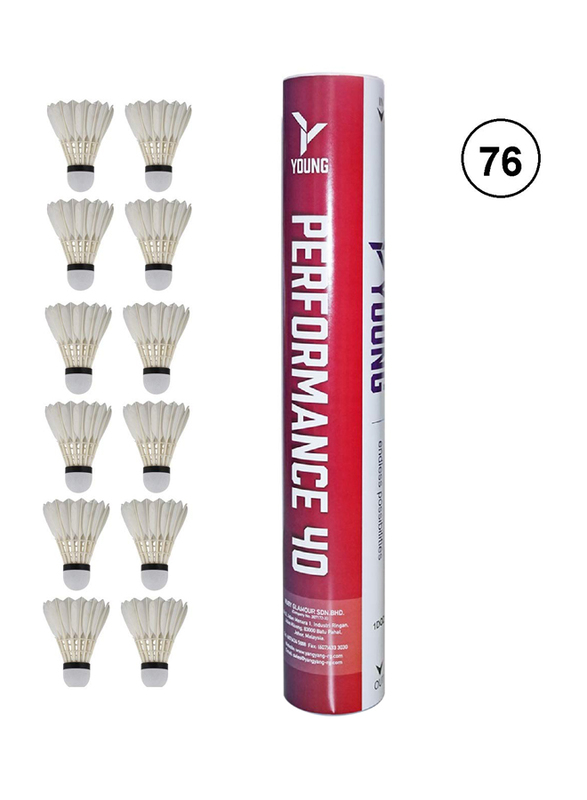 Young Performance 40 Badminton Shuttlecocks, 12 Piece, White
